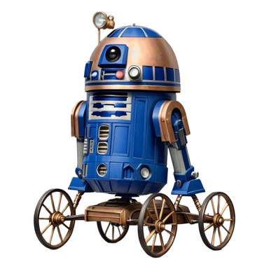 Action in Old American West tarnished R2D2 bounty policeman in 1864 delicately ornate rosegold accents painted buggy powered by electric motors and batteries with safety features and belts flying rapidly across rough dusty terrain stable on strong agile futuresteampunk suspension and steering  sticker