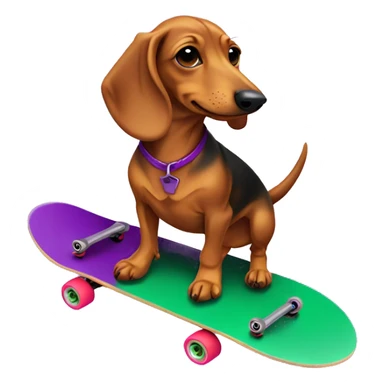 Brown and tan dachund on a green skateboard with purple flames  sticker