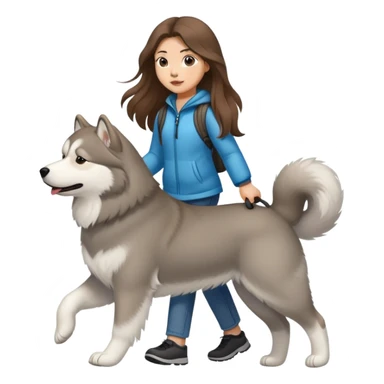 A girl with long brown hair walks a light gray Alaskan sticker