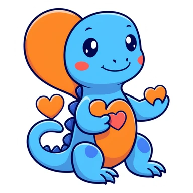 blue salamander with a square pattern on its skin, holding a heart sticker