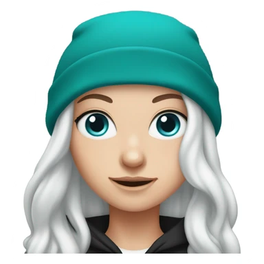 White girl, black hoodie, long teal hair, purple beanie hat, blue eyes sticker