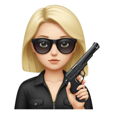 a girl with black sunglasses non see thru with a gun pointed at the camera sticker