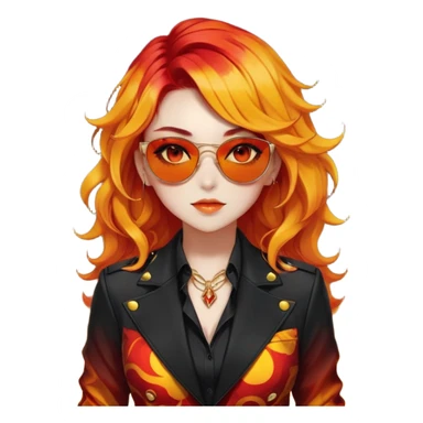 Beautiful gorgeous anime lady with beautiful fiery fiery-warm-red-orange-yellow-gradient-wavy-special-hair, fashion aesthetic, black sunglasses, accessories, gold jewelries, red-and-yellow sunny-pattern-eyes, black suit, biker-woman, cool, badass sticker