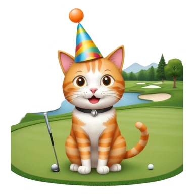 cat celebrating on golf course, birthday hat sticker