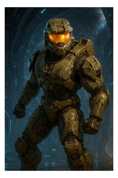 Master Chief, Halo series, visor glowing, battle-worn armor, standing ready, sci-fi background sticker