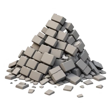 3D iPhone style emoji of a pile of bricks, roof pieces, and wall rubble, scattered and broken, isolated on white background, soft shadows, high detail, playful and cute sticker