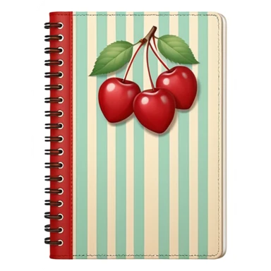 Cute vintage notebook cover, mint and cream vertical stripes, red spine
Hand-drawn cherries with leopard bow, playful feminine aesthetic
Flat illustration, clean composition, soft retro color palette sticker