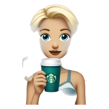 blonde girl blue eyes with Starbucks cup drink sticker