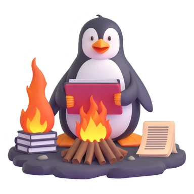 penguin on a rocky polar shore, burning secret documents in a campfire, glancing around nervously; far in the background, two people with wolf sled, rifles, skis sticker