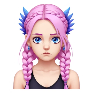 Long-pale-pastel-pink-hair with one braid on each side, grumpy expression, purple-pink feather-ear-cuffs in hair, black bodysuit, blue eyes, pink iris sticker