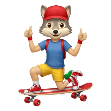 A gray wolf with large, expressive eyes and a friendly smile. The gray wolf is wearing a bright yellow T-shirt, red shorts, white knee socks, and sneakers. The baseball cap is worn backwards. The wolf holds a skateboard in one hand and gives a thumbs-up with the other, a confident and cheerful pose. sticker