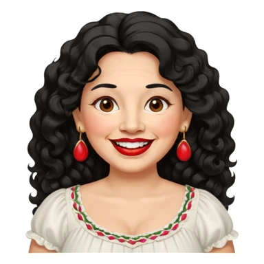 60 yr old Mexican woman, slightly chubby, wavy/curly long black hair, red lipstick, big smile, white teeth, brown eyes, hoop earings, side part to hair, round face, pretty white dress, hair side swept, big hoop earing sticker