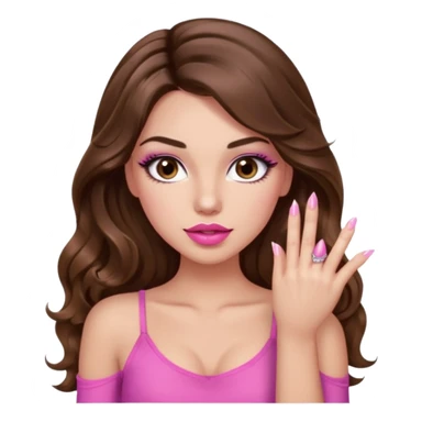 girl with long wavy brown hair, brown eyes, light to medium complexion, in a pink sexy top, pink puckered lips, long lashes, showing a manicure sticker