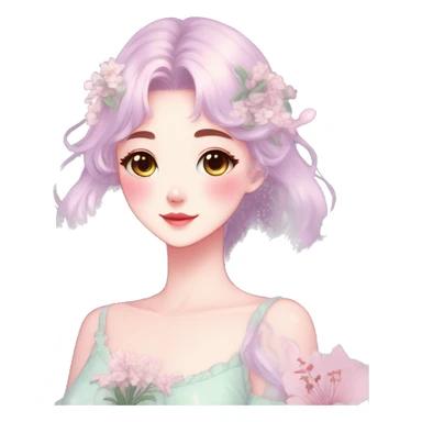 Gorgeous pastel anime style lady with blushing face and lilies cottagecore fairycore pastelcore colorful pearly romantic simplistic aesthetic trending style sticker