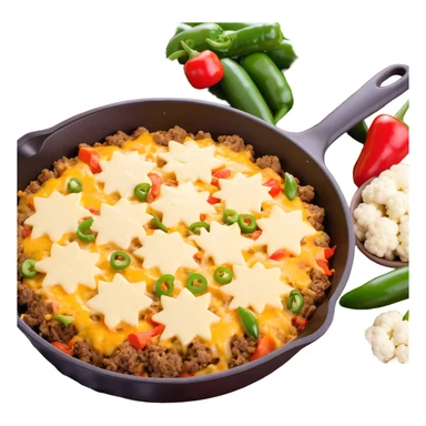 cheesy ground beef and cauliflower casserole with jalapeno and red capsicum in a skillet pan, melted cheese and vegetables sticker