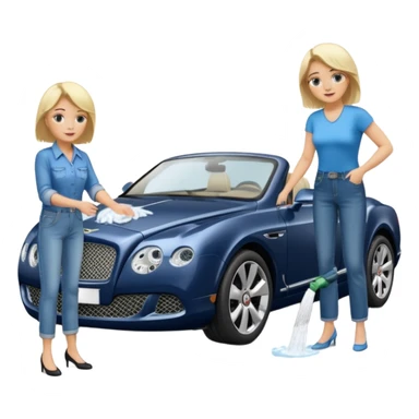 A fatter old blond lady in blue jeans washing a black Bentley car. show the full car and the lady next to it. show the face smaller and the person standing beside it sticker