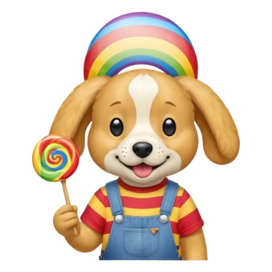 Generate a emoji of a dog with a comically large rainbow swirly lollipop with a goofy silly propeller hat, make the dog wear a striped bright yellow, red, and blue shirt with jean overalls sticker