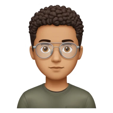 Young Latino man with small oval face, big forehead, aviator glasses, shaved sides with short curly hair on top, neutral-friendly expression, brown skin, black t-shirt sticker