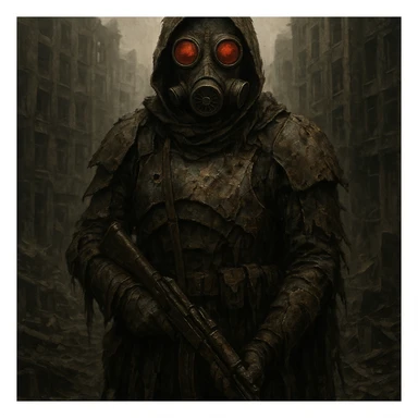 post apocalyptic soldier in tattered armor, gas mask with red lenses, urban ruins background sticker