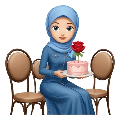 Turkish beautiful finish Konya girl blue eyes with denim hijab long tail dress and sits on the modernized coffee house on a white chair and holds rose cake with her hand  sticker