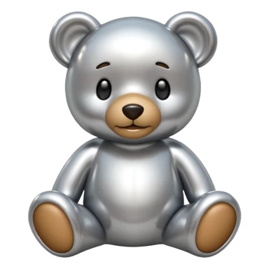 A cute teddy bear emoji made of liquid silver chrome, smooth rounded body, glossy metallic surface, soft reflections, friendly proportions, iOS emoji style, centered, clean white background sticker