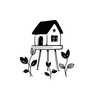a house with a platform and plants, hand-drawn doodle style sticker