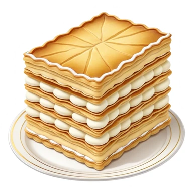Cinematic delicate mille-feuille, thin crispy pastry layers filled with smooth vanilla cream, dusted with powdered sugar, elegant presentation, highly detailed and sophisticated. sticker