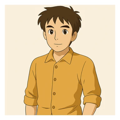 Make the man stand facing forward in a relaxed, casual pose, Ghibli style. sticker