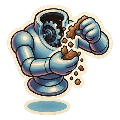 hovering robot. stuffs material into large hole on its top with 2 arms. no head. hole is where a head would be. spinning gears and blades in hole grind material.  3/4 view. between realism and cartoon. well lit. no dramatic lighting. metallic shiny robot. works diligently. drake humor sticker