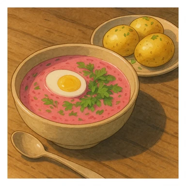 pink soup with egg and greens inside, boiled potatoes by its side, ghibli-inspired style sticker