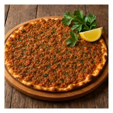 realistic lahmacun on a wooden board, garnished with parsley and a lemon wedge sticker