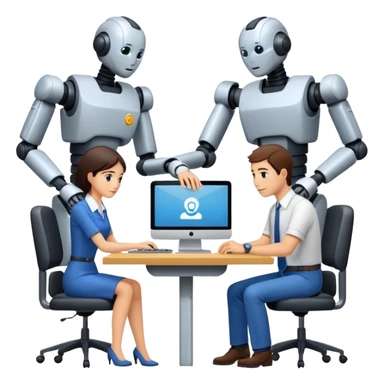 Digital Labour as an example of Agents at work in a workplace setting. I want to see a traditional office worker and a support co worker that is an AI Agent [Not a Robot]. sticker
