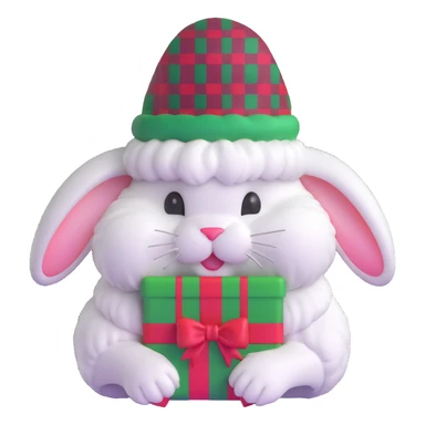 fluffy white angora rabbit wearing red and green plaid Christmas hat held in hands sticker