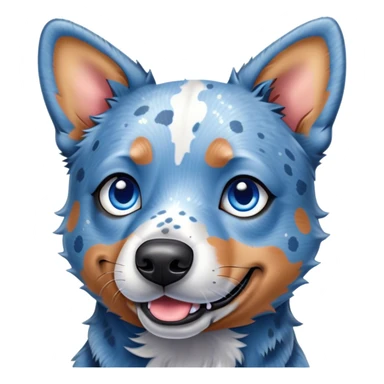 Cinematic Cute Blue Speckle Australian Cattle Dog Portrait Emoji, Head tilted playfully and inquisitively, featuring a vibrant blue speckle Fur with dynamic patterns, round, sparkling blue eyes filled with curiosity, Simplified yet irresistibly adorable features, highly detailed, glowing with a warm, friendly glow, high shine, affectionate and energetic, stylized with a touch of whimsy, bright and endearing, soft glowing outline, capturing the essence of a mischievous yet loving pup, so playful it feels like it could bound out of the screen and into your arms! sticker