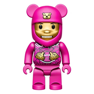 bearbrick toy figure wearing a bright pink balaclava with big pouty lips and gold grillz teeth visible, decorated with luxury brand logos and graffiti style patterns, striking a cool hip-hop pose with arms crossed confidently sticker