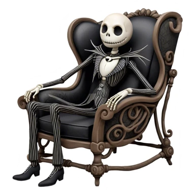Cinematic 3D ultra realistic 32K HD image of Jack skellington reclining in a boney chair, stunning detail as though captured in a timeless photograph, rich textures, visually rich, so lifelike that it feels like it could leap off the page at any moment sticker