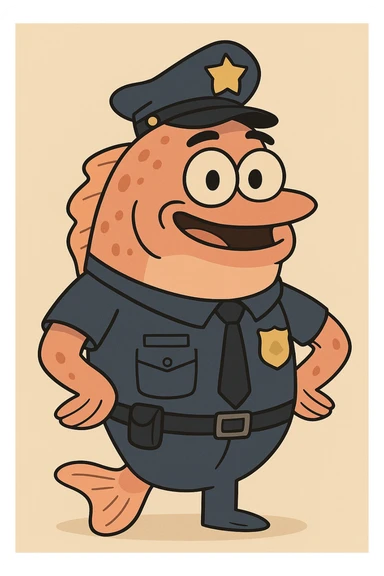 a fish in a police uniform, smiling, simple style sticker