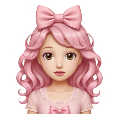 “Emoji girl, doe eyes, long fluttery lashes, soft pink blush, glossy rose lips, ribbon hair bow, romantic curls, wearing pastel pink lace top.” sticker