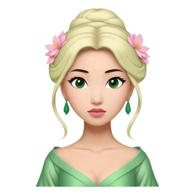 Cinematic Elegant Mulan Portrait Emoji, Dressed in her delicate green matchmaker gown, soft pink makeup, hair pinned perfectly, looking wistful yet radiant, eyes reflecting the depth of her spirit, capturing both her beauty and inner strength! sticker