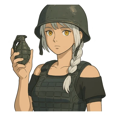 a closeup portrait of young woman with gold yellow eyes, white hair, long braid, black off-shoulder top d-cup, punk gothic style, futuristic cyberwave cyberpunk,  she has a plate carrier armor vest , and a old-style steel bulletproof combat helmet. holding up a m67 hand grenade  sticker