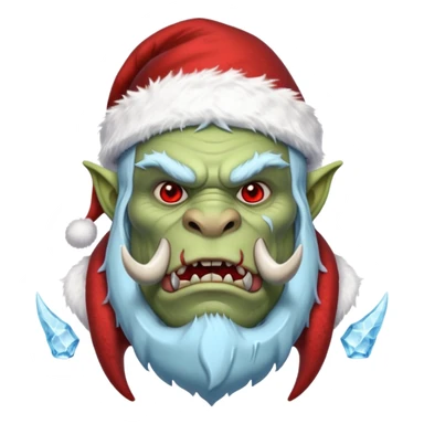 Fantasy orc emoji portrait, Santa Claus hat stretched around tusks, tusks covered with ice and crimson frost cracks, cold predator expression, winter hunt atmosphere, minimal clean emoji design, male/female variant
 sticker