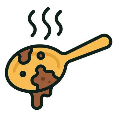 very dirty used spoon with foul odor vapors, icon style, clear lines, simple color palette, emphasizes grime and smell sticker