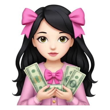 Menina de cabelo preto longo , laços rosas , dinheiro , luxo sticker