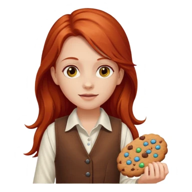 white girl scout with red long hair selling cookies with a brown vest and white shirt under vest. She should be around 10 years old sticker