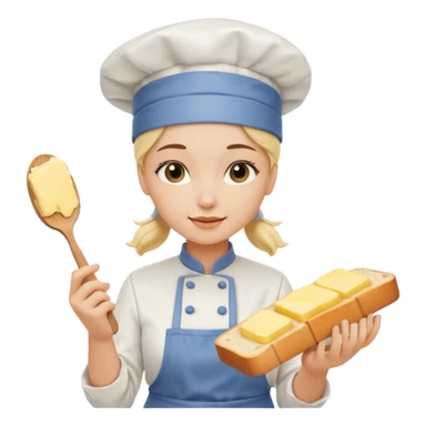 Young female baker - white chef hat, spreading butter on bread sticker