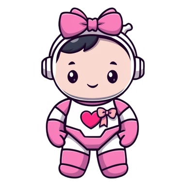 adorable pink robot girl with a hair bow and heart patterns sticker