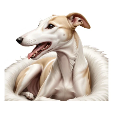 Cinematic Cute Yawning White and Brown Greyhound Portrait Emoji, Head tilted slightly with a dramatic, wide-open yawn, showcasing a pristine white Fur with bold brown markings, floppy ears slightly drooping, round eyes barely open in drowsy contentment, Simplified yet irresistibly adorable features, highly detailed, glowing with a soft, cozy glow, high shine, relaxed yet expressive, stylized with a touch of whimsy, bright and endearing, soft glowing outline, capturing the essence of a sleepy yet affectionate companion, so drowsy it feels like it could stretch out of the screen and curl up for a nap! sticker