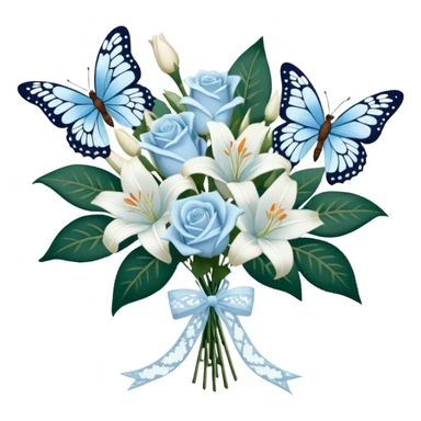 A classic bouquet of pale blue roses, delicate white lilies, and trailing jasmine, tied together with an embroidered ivory ribbon. A butterfly with lace-like wings hovers nearby, casting a soft, intricate shadow over the bouquet. sticker