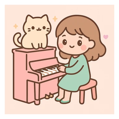 woman playing piano while her cat sits on top of the piano sticker