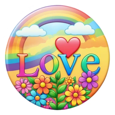 A round psychedelic colored button that says love with rainbow colored hippie style flowers sticker